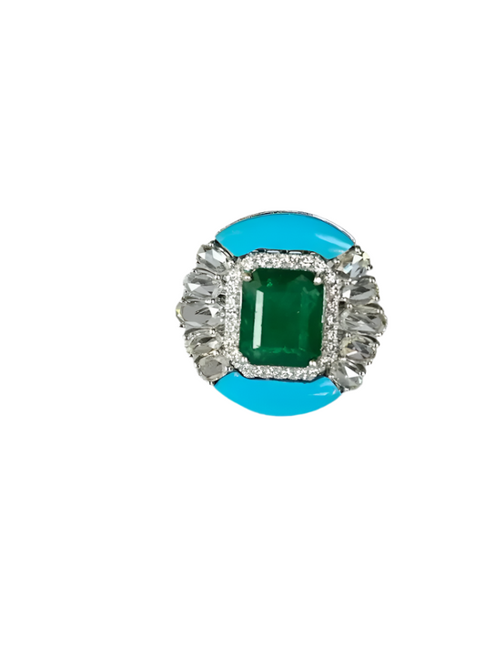 Natural Emerald & Rose Cut Diamond Ring - 18k White Gold Turquoise Gemstone Wedding Ring