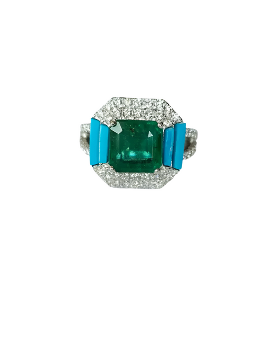 18k White Gold, Zambian Emerald, Natural Turquoise & Diamonds Engagement Ring
