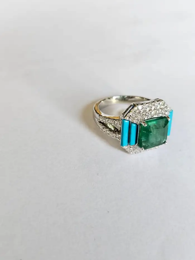 18k White Gold, Zambian Emerald, Natural Turquoise & Diamonds Engagement Ring