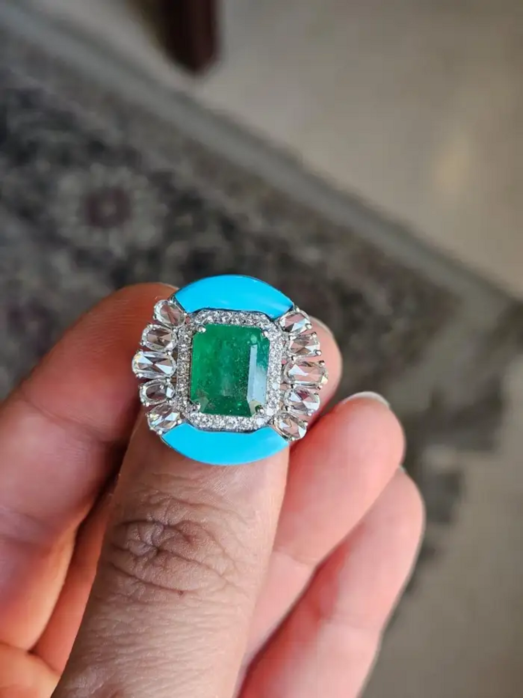 Natural Emerald & Rose Cut Diamond Ring - 18k White Gold Turquoise Gemstone Wedding Ring