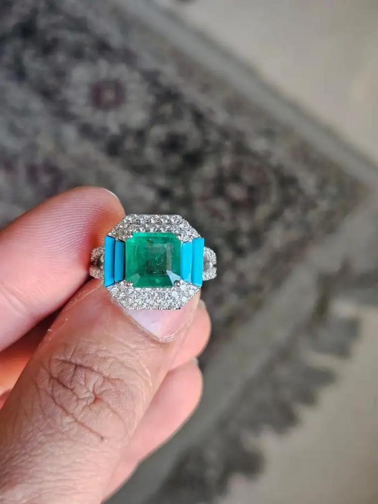 18k White Gold, Zambian Emerald, Natural Turquoise & Diamonds Engagement Ring