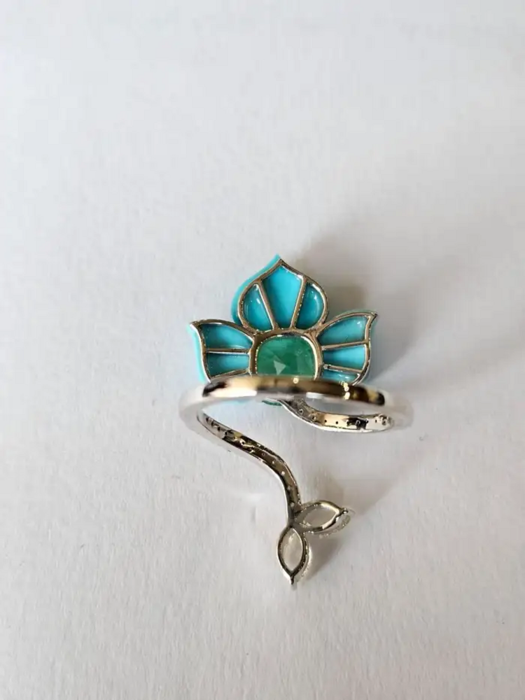 Natural Colombian Emerald & Turquoise Gemstone Floral Ring - 18k White Gold Rose Cut Diamond Women Ring