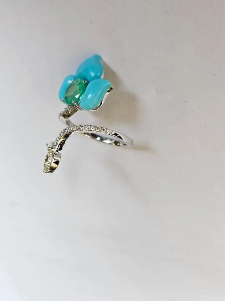 Natural Colombian Emerald & Turquoise Gemstone Floral Ring - 18k White Gold Rose Cut Diamond Women Ring