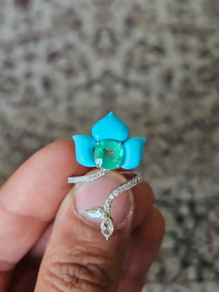 Natural Colombian Emerald & Turquoise Gemstone Floral Ring - 18k White Gold Rose Cut Diamond Women Ring
