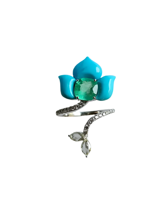 Natural Colombian Emerald & Turquoise Gemstone Floral Ring - 18k White Gold Rose Cut Diamond Women Ring