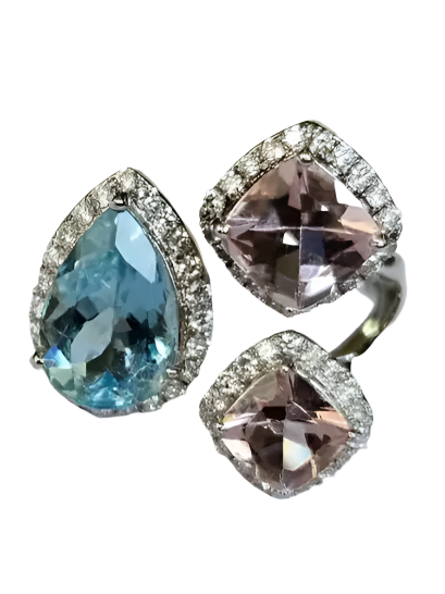 Aquamarine & Morganite Gemstone Ring - 18k White Gold Handmade Women Ring  - Gold Diamond Wedding Gift Ring