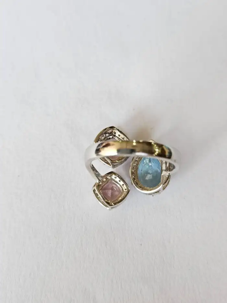 Aquamarine & Morganite Gemstone Ring - 18k White Gold Handmade Women Ring  - Gold Diamond Wedding Gift Ring