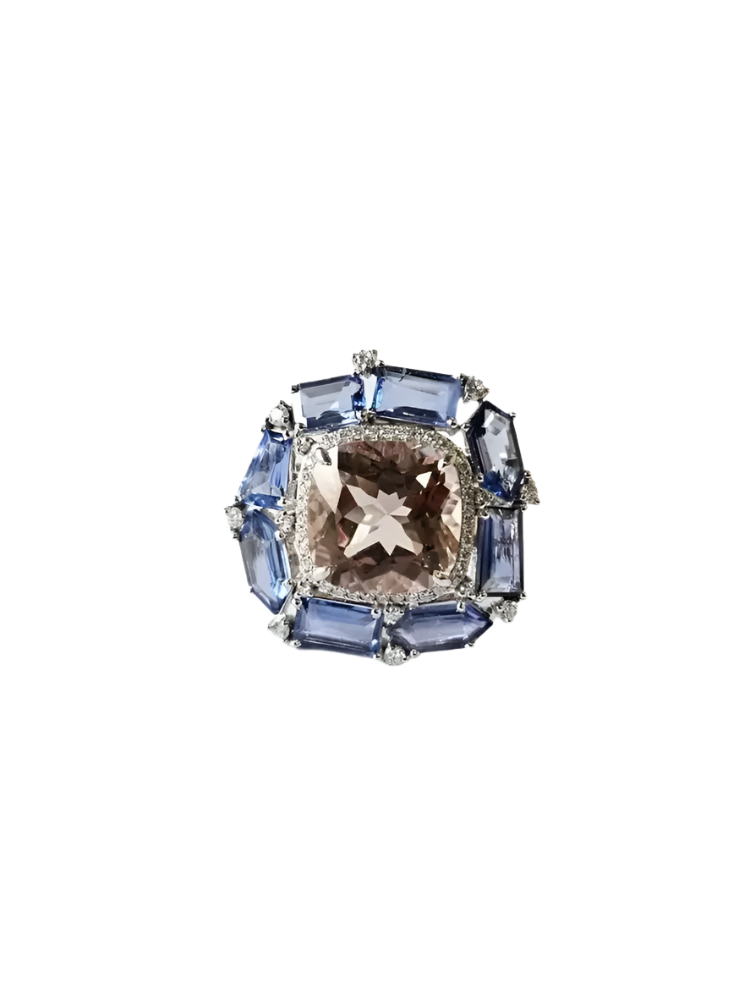 Natural Morganite & Blue Sapphire Gemstone Gold Ring - 18k White Gold Diamond Cocktail Ring