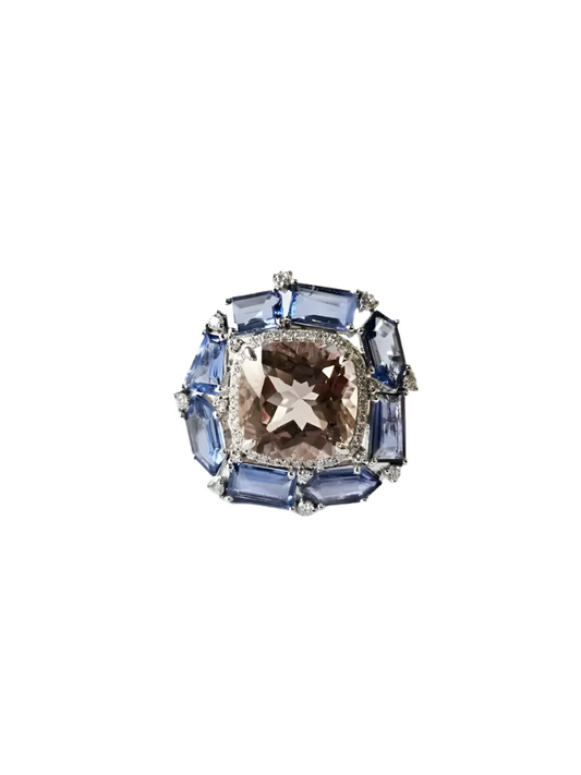 Natural Morganite & Blue Sapphire Gemstone Gold Ring - 18k White Gold Diamond Cocktail Ring