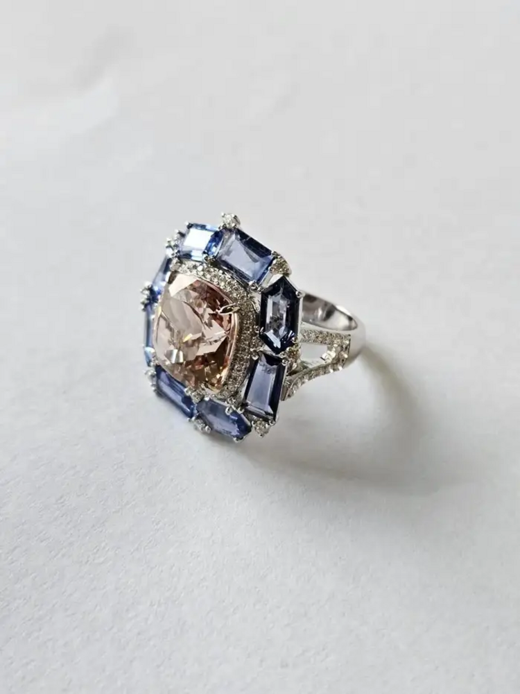 Natural Morganite & Blue Sapphire Gemstone Gold Ring - 18k White Gold Diamond Cocktail Ring