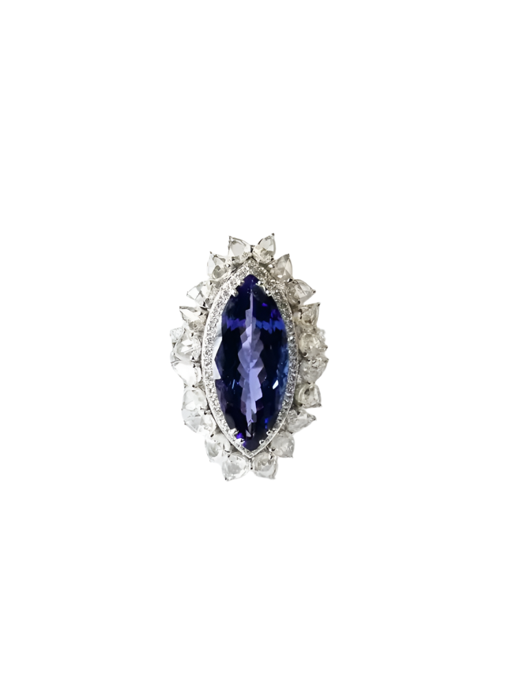 7.92 Ct. Natural Tanzanite Gemstone Statement Ring - 18k White Gold Diamond Engagement Ring
