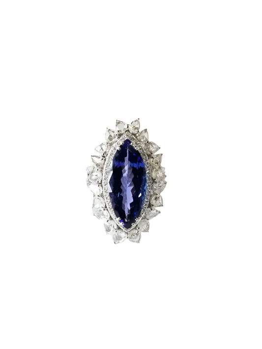 7.92 Ct. Natural Tanzanite Gemstone Statement Ring - 18k White Gold Diamond Engagement Ring