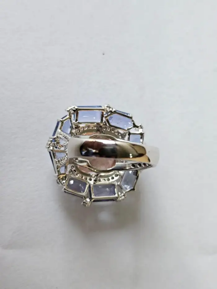 Natural Morganite & Blue Sapphire Gemstone Gold Ring - 18k White Gold Diamond Cocktail Ring