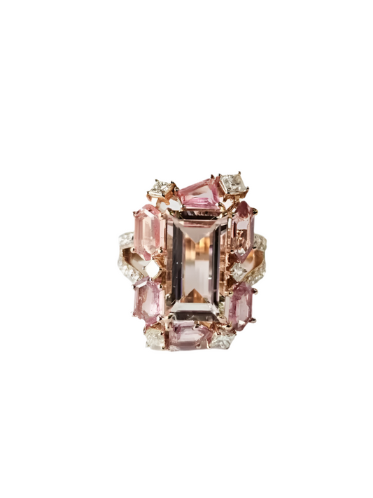 18k Gold, Morganite, Padparadscha Sapphires & Diamonds Engagement Ring