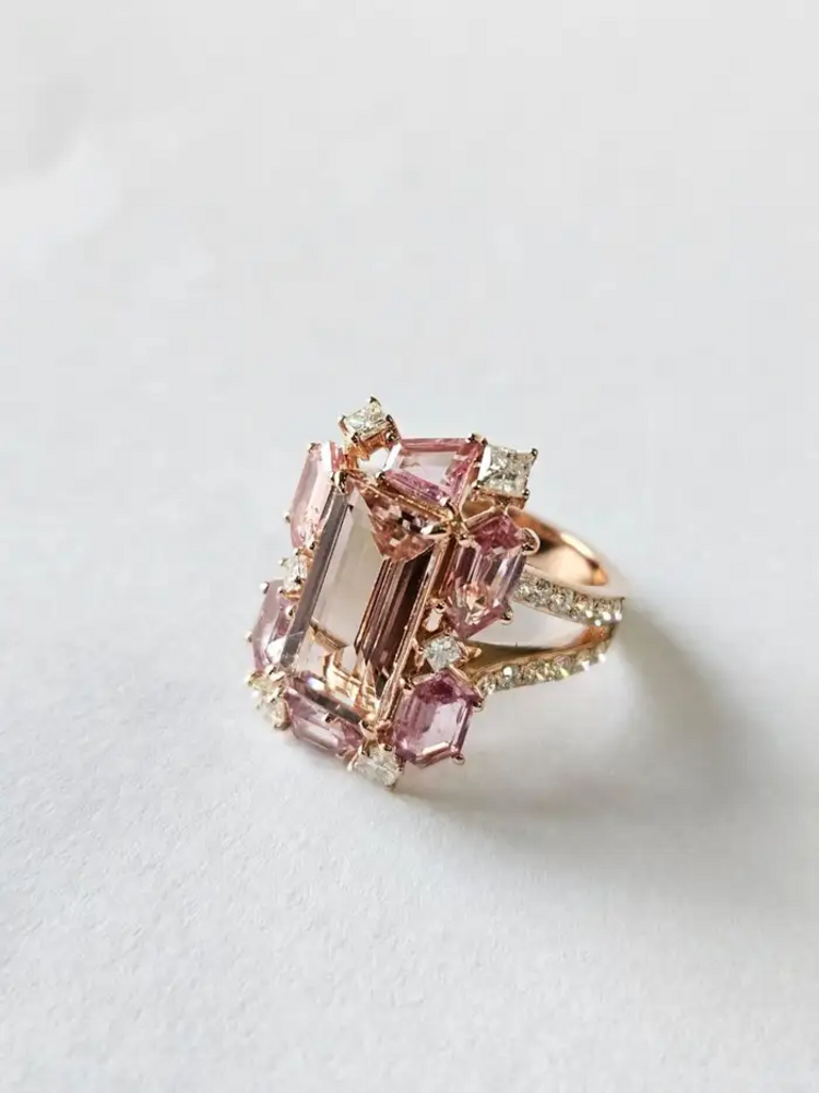 18k Gold, Morganite, Padparadscha Sapphires & Diamonds Engagement Ring