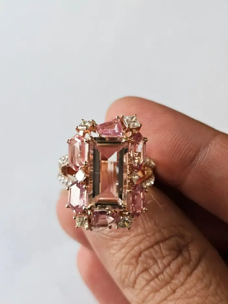 18k Gold, Morganite, Padparadscha Sapphires & Diamonds Engagement Ring