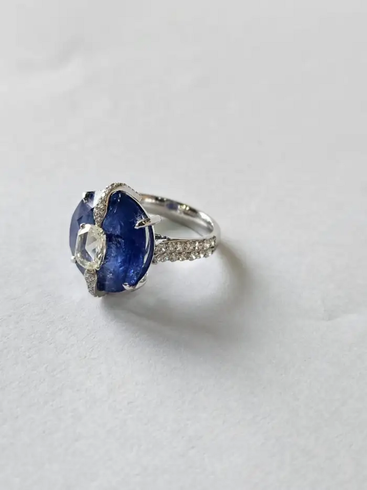 13.38 Ct. Round Cut Blue Sapphire Gemstone Ring - 18k White Gold Wedding With Rose Cut Diamonds