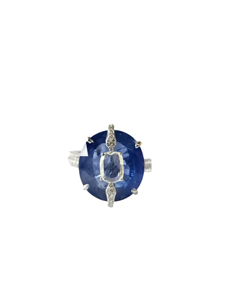 13.38 Ct. Round Cut Blue Sapphire Gemstone Ring - 18k White Gold Wedding With Rose Cut Diamonds