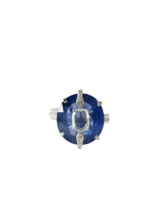 13.38 Ct. Round Cut Blue Sapphire Gemstone Ring - 18k White Gold Wedding With Rose Cut Diamonds