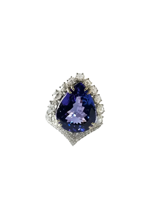 Natural Pear Tanzanite Gemstone Statement Ring - 18k White Gold Rose Cut Diamonds Women Ring
