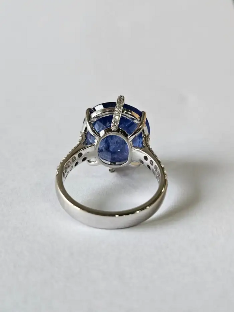 13.38 Ct. Round Cut Blue Sapphire Gemstone Ring - 18k White Gold Wedding With Rose Cut Diamonds