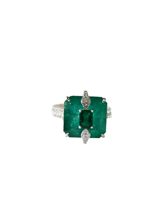 Natural Zambian Emerald Diamond Ring - 18k White Gold Handmade Ring - Gold Diamond Women Ring Gift