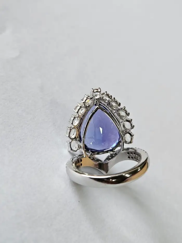 Natural Pear Tanzanite Gemstone Statement Ring - 18k White Gold Rose Cut Diamonds Women Ring