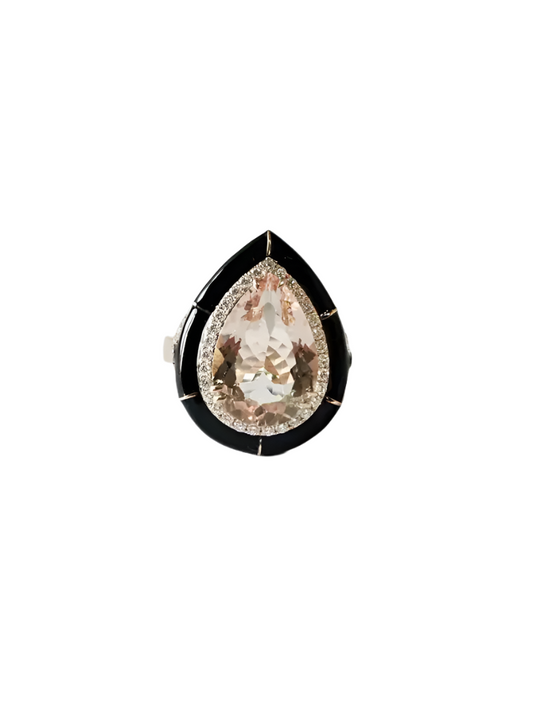 Pear Shape Morganite Ring - Black Enamel Statement Ring - 18k Rose Gold Diamond Ring - Best Anniversary Gift For Wife