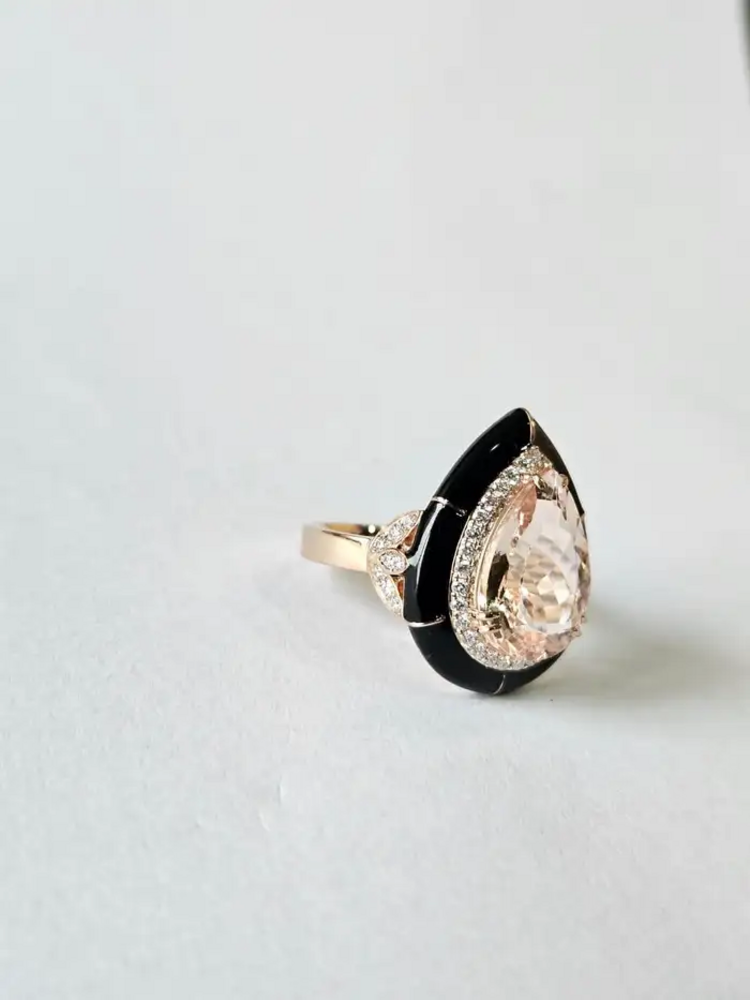 Pear Shape Morganite Ring - Black Enamel Statement Ring - 18k Rose Gold Diamond Ring - Best Anniversary Gift For Wife