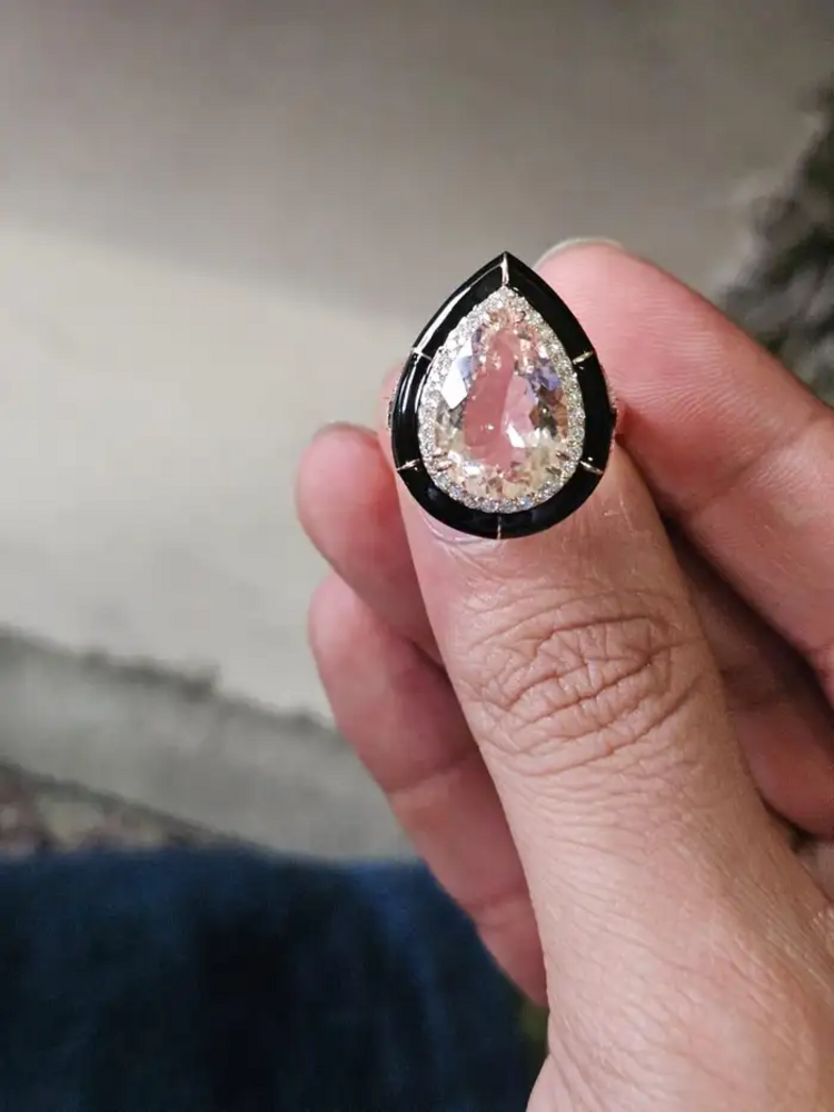 Pear Shape Morganite Ring - Black Enamel Statement Ring - 18k Rose Gold Diamond Ring - Best Anniversary Gift For Wife