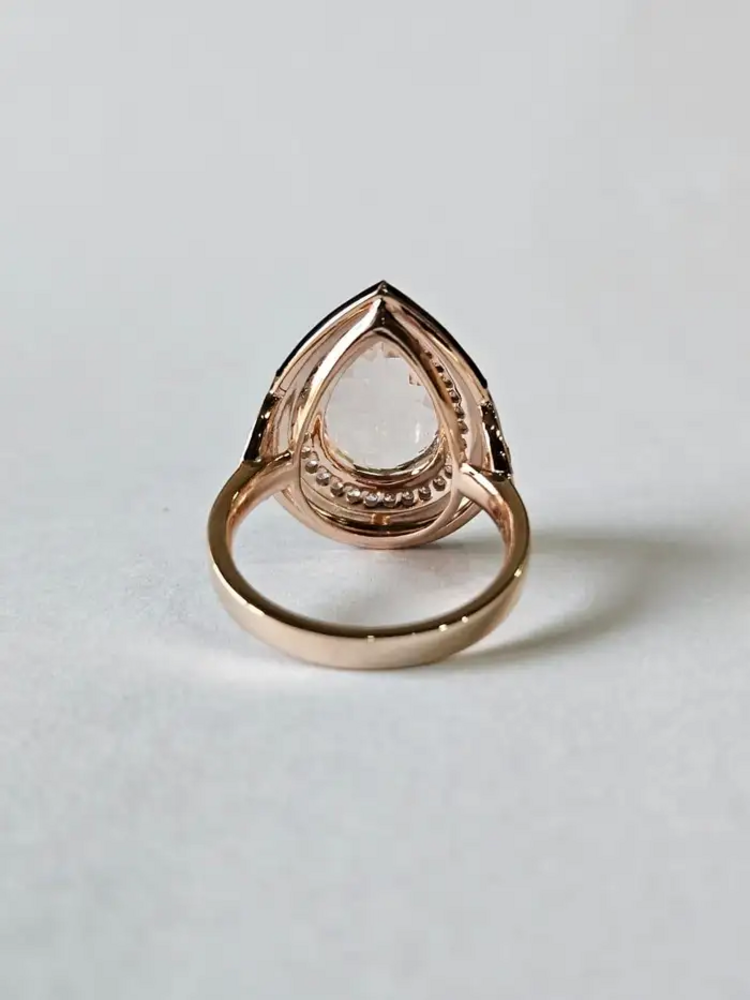 Pear Shape Morganite Ring - Black Enamel Statement Ring - 18k Rose Gold Diamond Ring - Best Anniversary Gift For Wife
