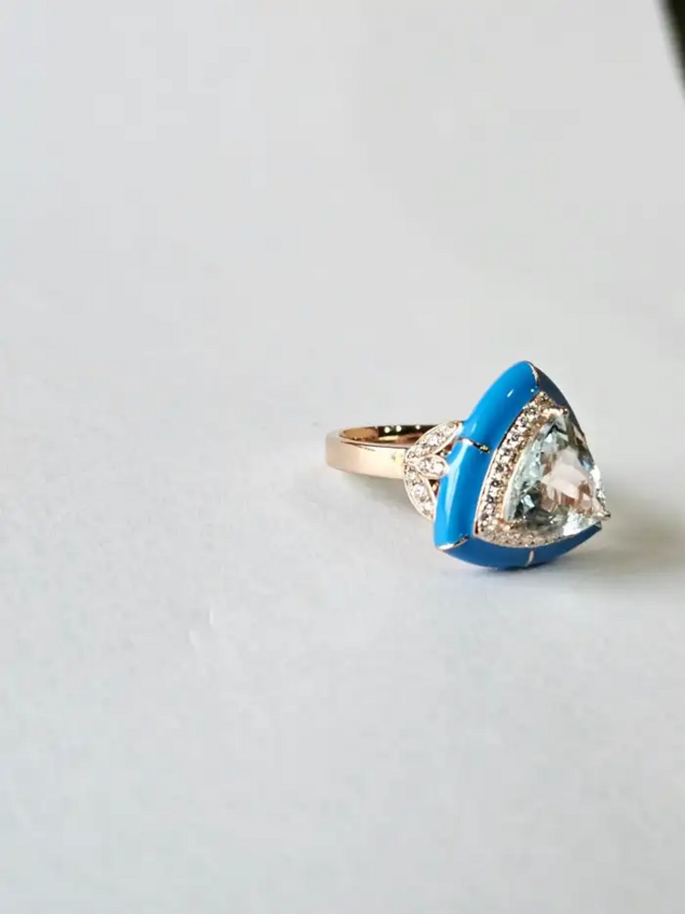 Trillion Shape Aquamarine Ring - Blue Enamel & Diamond Minimalist Ring - 18k Gold Diamond Women Ring