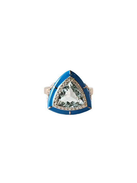Trillion Shape Aquamarine Ring - Blue Enamel & Diamond Minimalist Ring - 18k Gold Diamond Women Ring