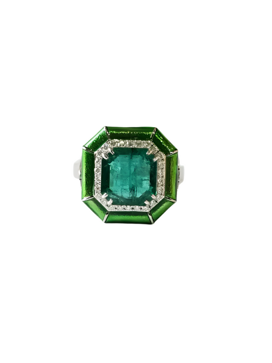 18k White Gold, 3.47 carats Emerald, Green Enamel & Diamonds Engagement Ring