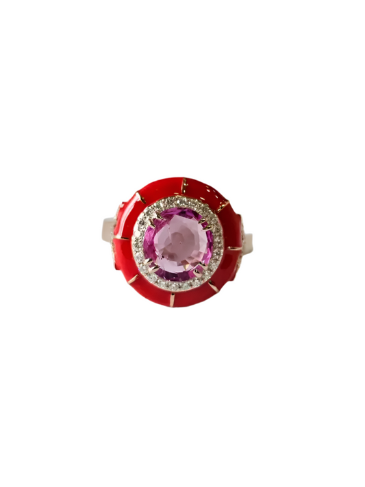 18k Gold Diamond Minimalist Ring - Natural Pink Sapphire & Red Enamel Ring - Party Wear Ring