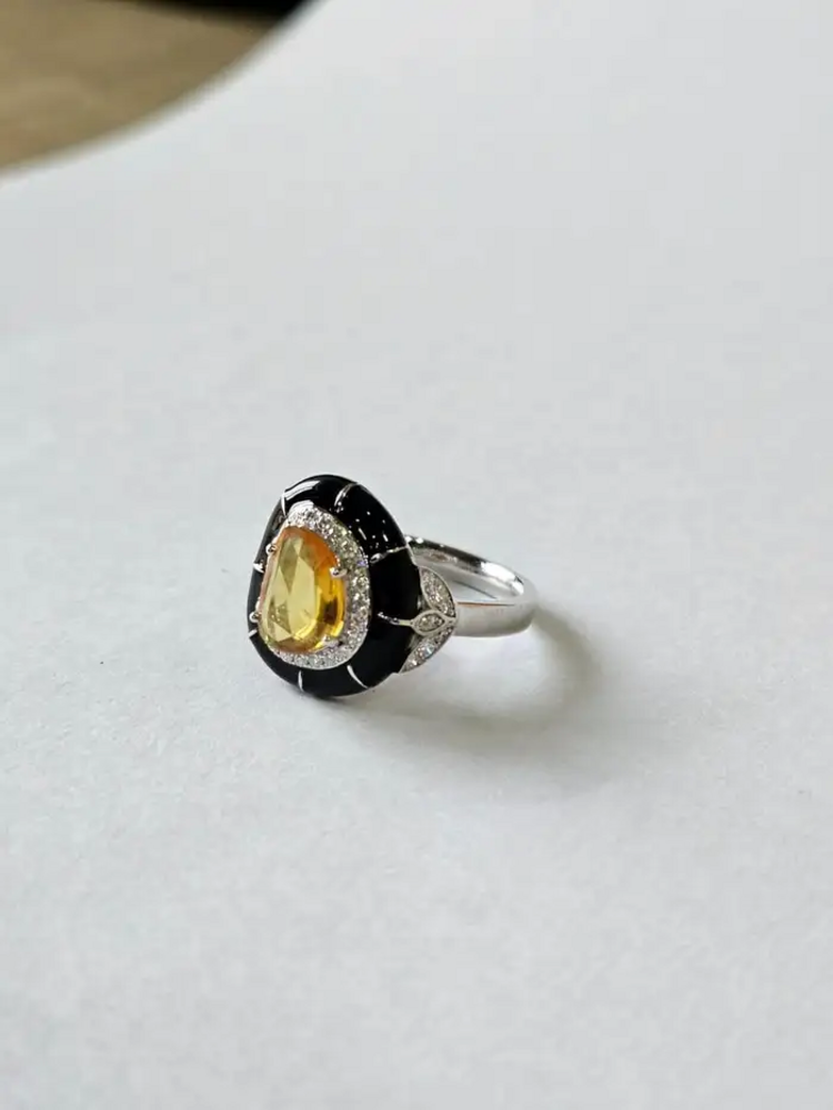Ceylon Yellow Sapphire & Black Enamel Tiny Ring - 18k White Gold, Diamond Handmade Ring