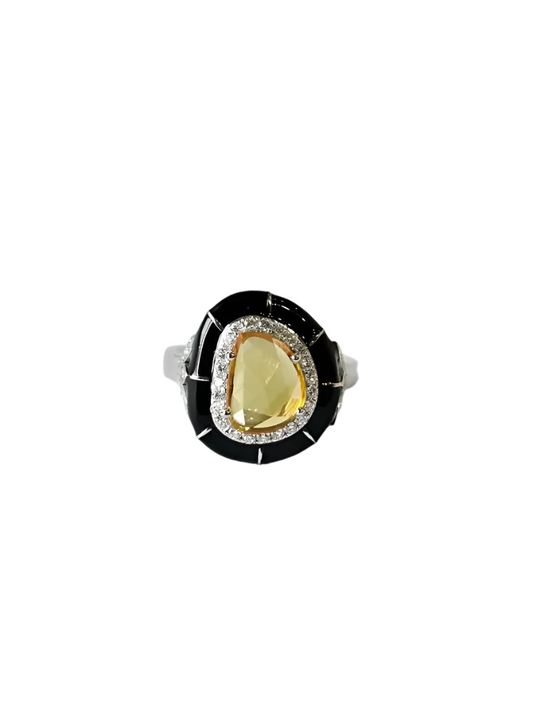 Ceylon Yellow Sapphire & Black Enamel Tiny Ring - 18k White Gold, Diamond Handmade Ring