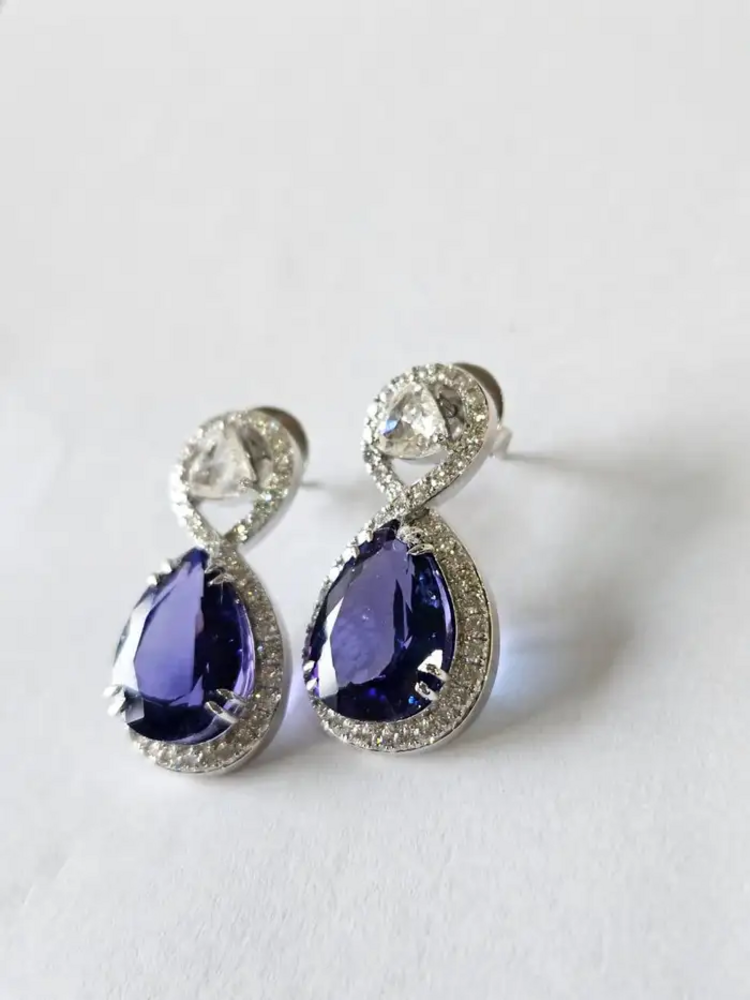 18k White Gold Handmade Rose Cut Diamond Earrings - Natural Tanzanite Gemstone Earrings - Best Anniversary Gift