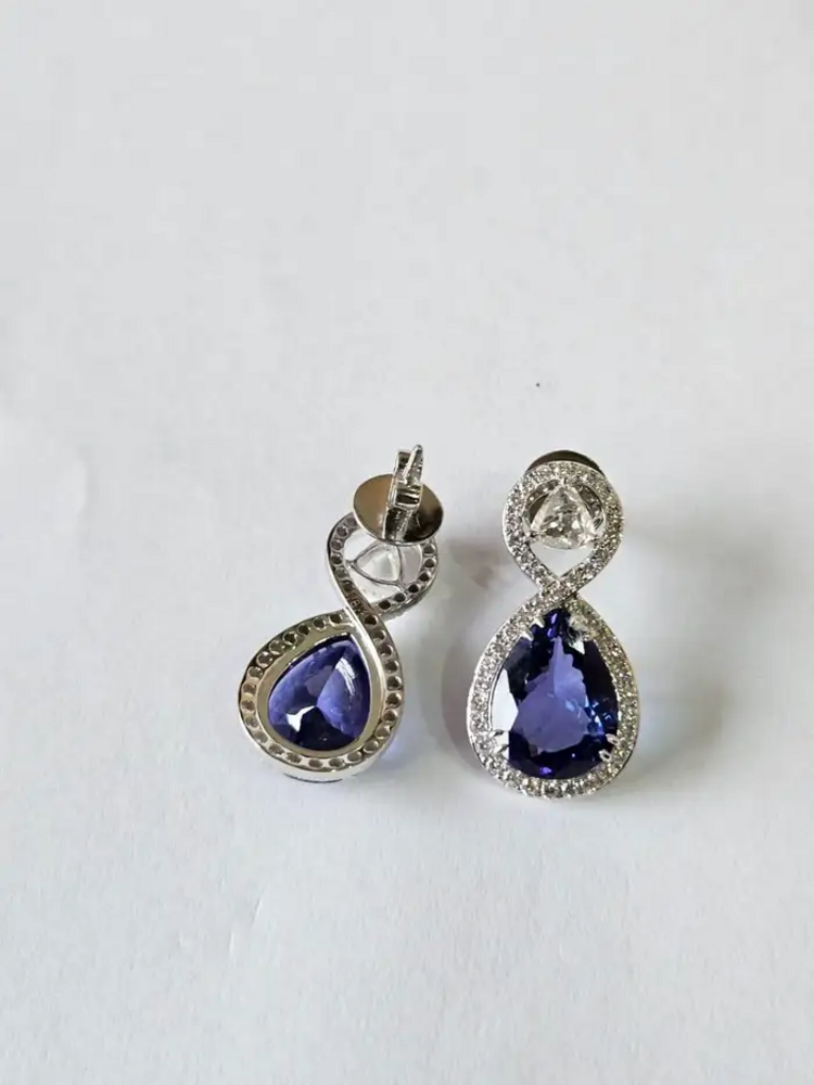 18k White Gold Handmade Rose Cut Diamond Earrings - Natural Tanzanite Gemstone Earrings - Best Anniversary Gift