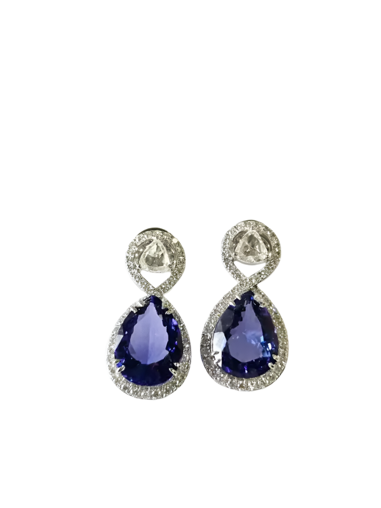 18k White Gold Handmade Rose Cut Diamond Earrings - Natural Tanzanite Gemstone Earrings - Best Anniversary Gift