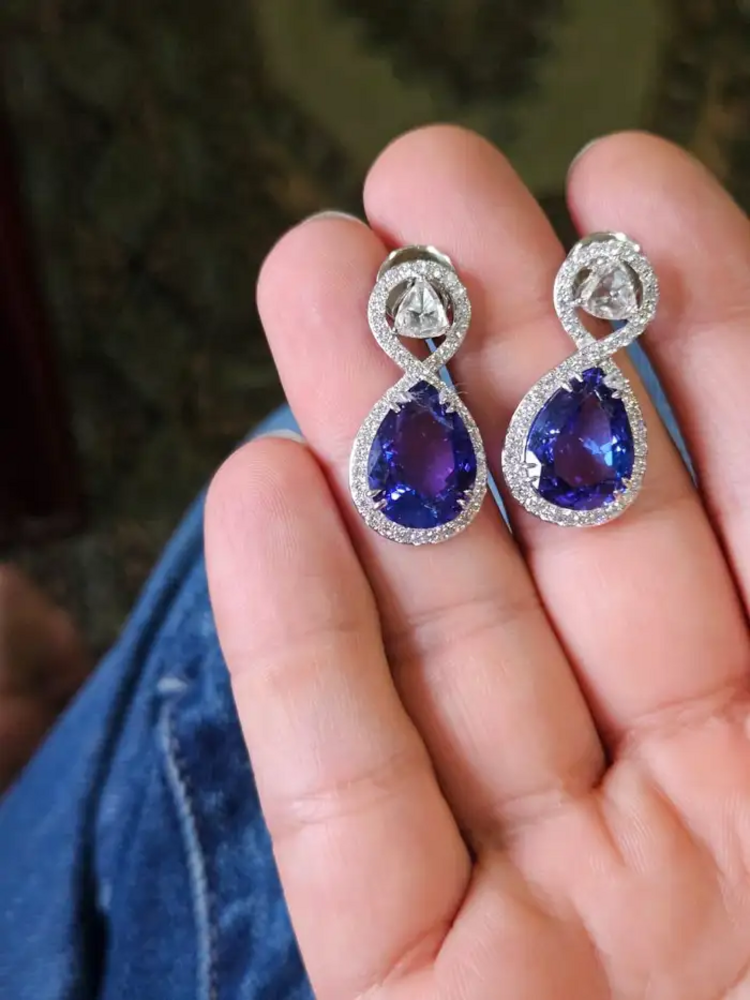 18k White Gold Handmade Rose Cut Diamond Earrings - Natural Tanzanite Gemstone Earrings - Best Anniversary Gift