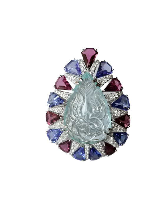 Natural Rubellite, Tanzanite & Carved Aquamarine Gold Ring - 18k White Gold Diamond Big Ring