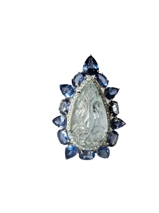 Carved Aquamarine Gemstone Ring - 18k White Gold Handmade Cocktail Ring - Natural Blue Sapphire Women Ring