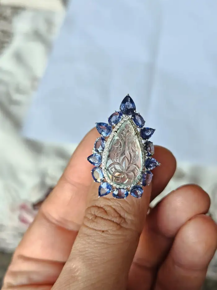 Carved Aquamarine Gemstone Ring - 18k White Gold Handmade Cocktail Ring - Natural Blue Sapphire Women Ring