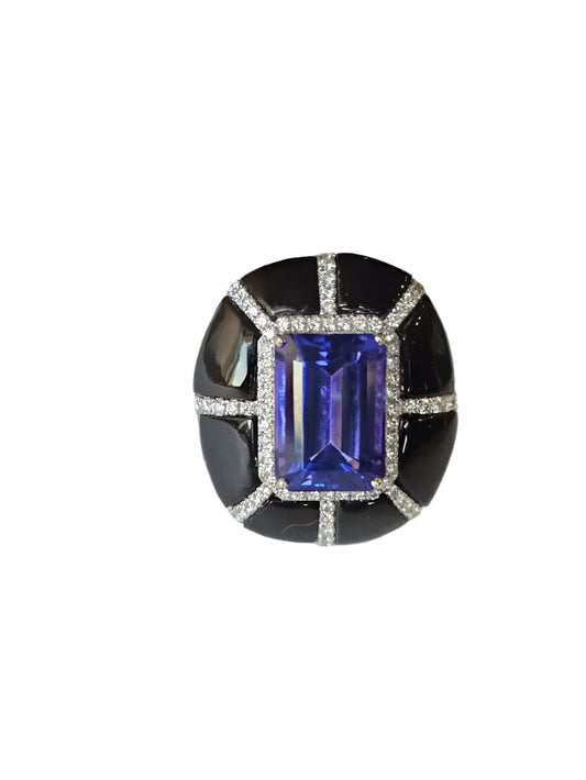 18k Gold Diamond Ring - Natural 7.33 Ct. Tanzanite & Black Onyx Ring - Handmade White Gold Ring