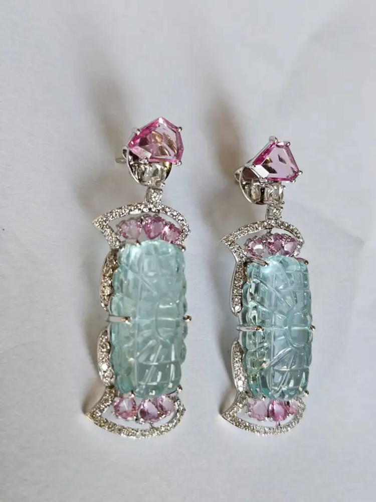 White Gold 18k Earrings - Natural Pink Sapphire & Carved Aquamarine Gemstone Dangle Earrings - Gold Diamond Women Valentine Jewelry