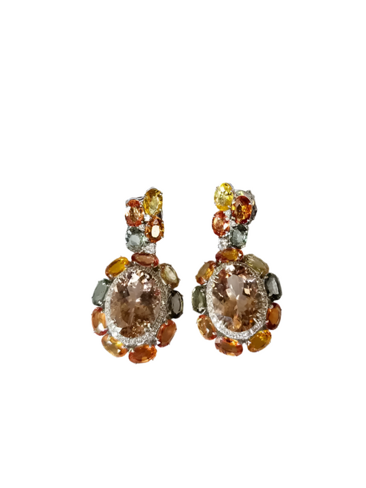 Natural Morganite & Multi Sapphire Gemstone Earrings - 18k White Gold Handmade Dangle Earrings