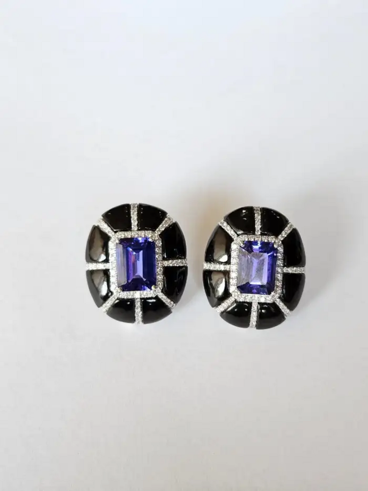 9.24 Ct. Natural Tanzanite Stud Earrings - 18k White Gold Handmade Earrings - Gold Diamond Women Earrings - Black Onyx Earrings