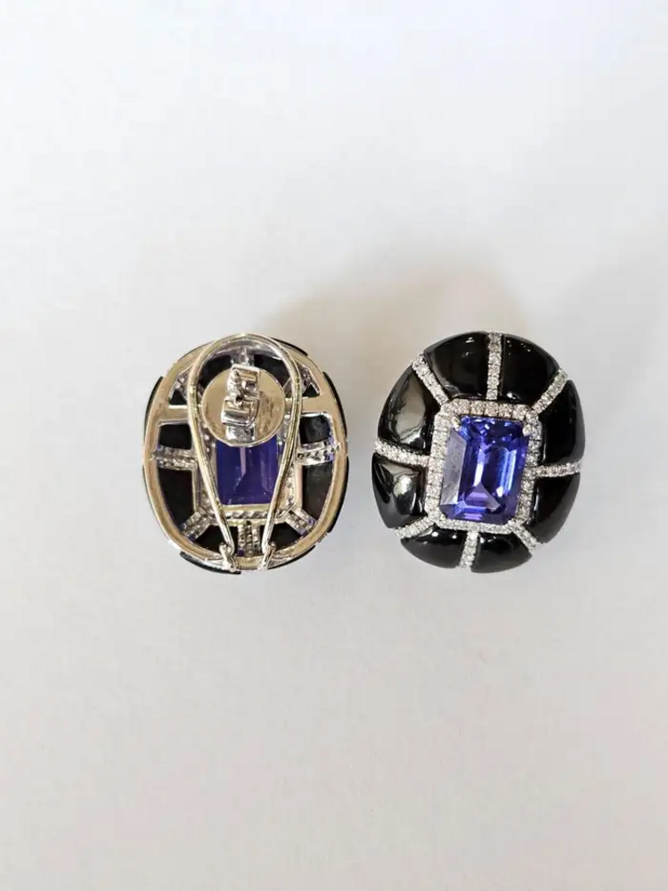 9.24 Ct. Natural Tanzanite Stud Earrings - 18k White Gold Handmade Earrings - Gold Diamond Women Earrings - Black Onyx Earrings
