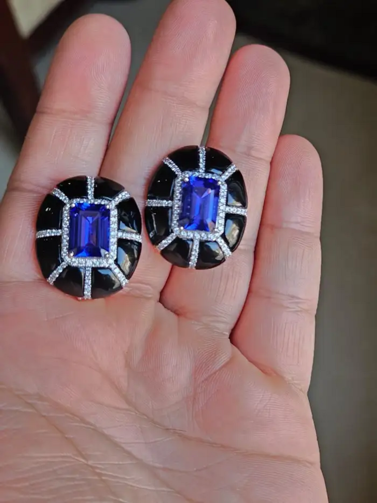 9.24 Ct. Natural Tanzanite Stud Earrings - 18k White Gold Handmade Earrings - Gold Diamond Women Earrings - Black Onyx Earrings